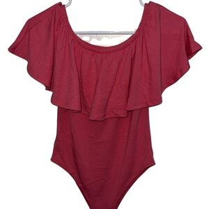 Zenana Outfitters Burgundy Ruffle Off-Shoulder One-Piece